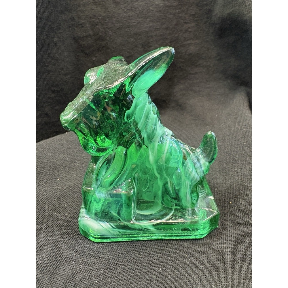 Boyd Glass Scottie JB Dog Figurine Green Glossy White Marbling Vintage Stamped